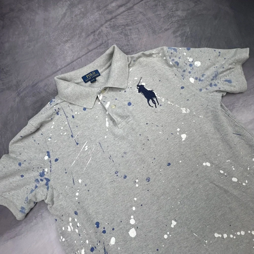 Polo Ralph Lauren Paint‎ Splatter Big Pony Polo Shirt Grey M Y2K Streetwear